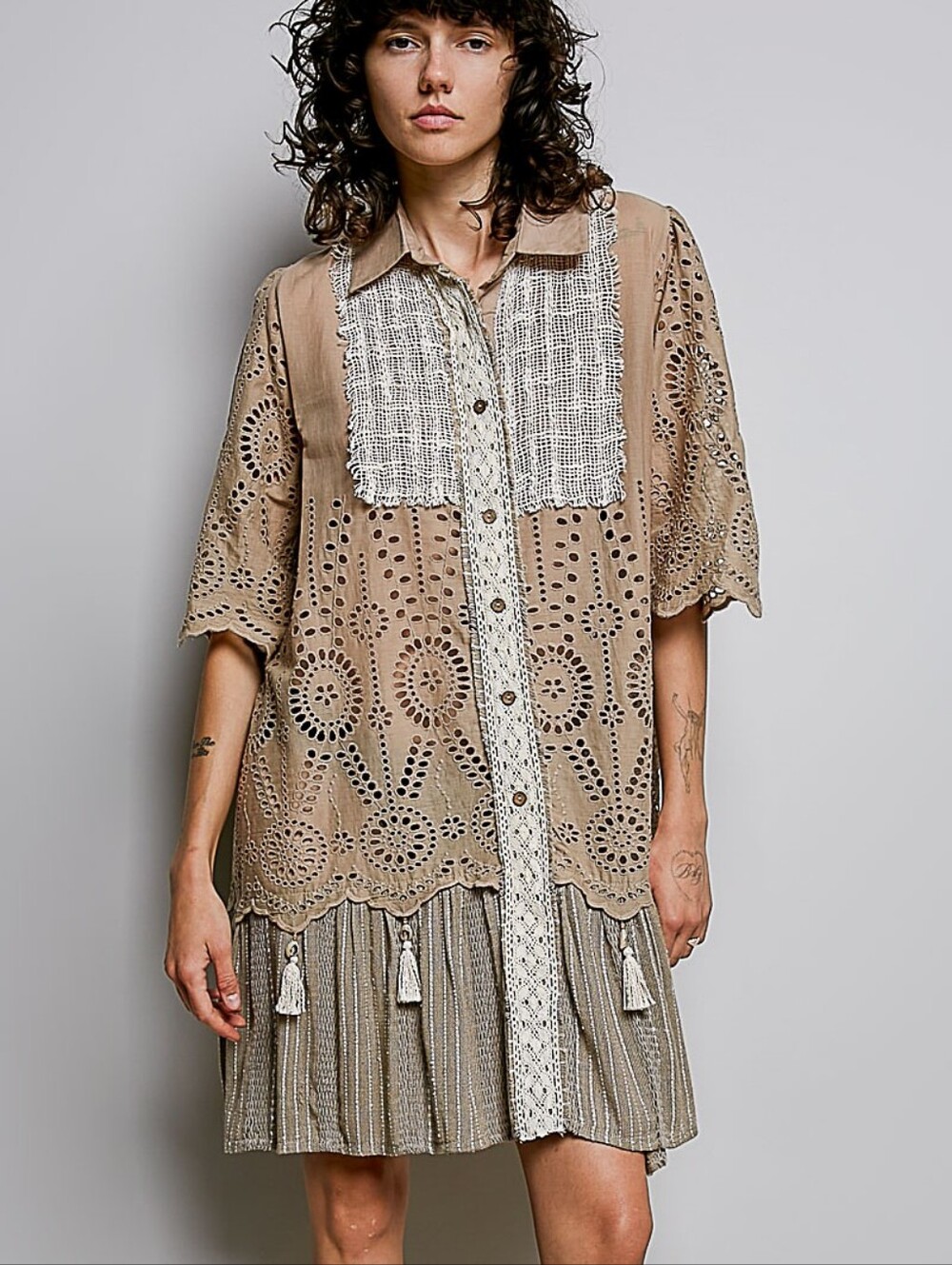 POL Mocha Eyelet Embroidered Lace Mixed Media Boho Shirt Dress